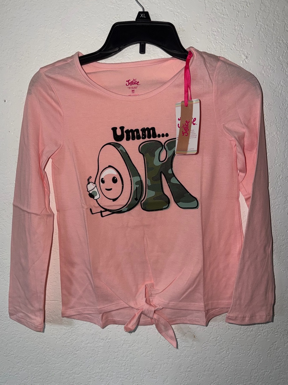 Justice Girls' Pink Long-Sleeve 'Umm... OK' Tie-Front Top (Back to School)